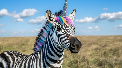 A zebra dressed as a unicorn with a glittery horn and pastel mane standing in a grassy plain.