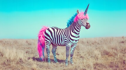 A zebra dressed as a unicorn with a glittery horn and pastel mane standing in a grassy plain.