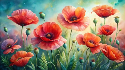 Obraz premium A symphony of crimson blooms, delicate petals unfurling in a vibrant tapestry of nature's artistry, bathed in the warm embrace of a celestial glow.