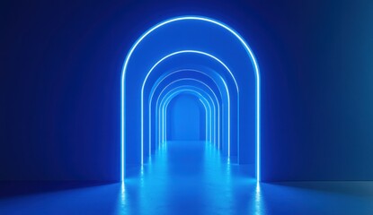 Obraz premium Glowing blue neon archway tunnel.