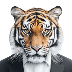 Fototapeta premium Portrait of a Tiger in a Suit Business Confidence Power Animal Corporate Jungle Wild Strength Leadership Finance Investment Success Boss Executive Management Predator Ferocious Intense Stare White