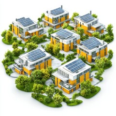 Isometric modern houses with solar panels, promoting sustainable living, eco-friendly architecture, and renewable energy solutions in residential design.