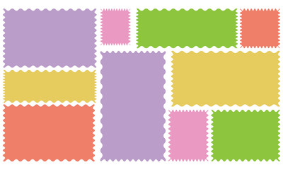 Zig zag wavy edge rectangle frame or border shapes set. jagged geometric rectangular. Abstract elements for promo material, web template, stickers, or social media design.  Vector illustration. EPS 10