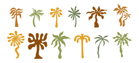 Vector logo and print design templates, summer palms, tropical hand drawn illustrations, tropical surfing concept, vacation and travel, palm trees and hippie boho elements © venimo