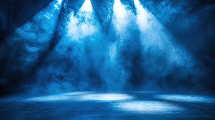 Spotlight's Dance A mesmerizing abstract light display in an empty night club, with a dark blue backdrop, illuminated stage, and bright beams of light cutting through the smoke-filled room. 8k