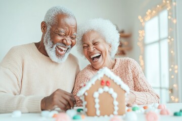 Heartwarming Holiday Moments Elderly Couple Celebrating Gingerbread House Day with Festive Cheer and Joy