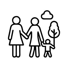 family walking in park icon, family day line art, family icon - simple black line art icon of family walking in park, symbolizing family day celebrations. family vector art.