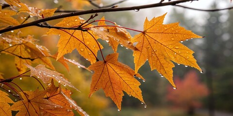 Fototapeta premium Captivating Double Exposure of Rain Drops on Vibrant Orange-Yellow Maple Leaves, Showcasing the Essence of Autumn in Nature's Breathtaking October Landscape
