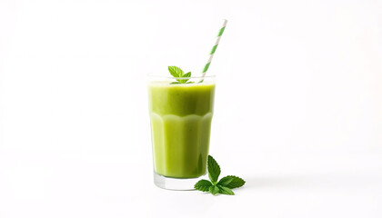 Vibrant Green Wellness Smoothie with Fresh Mint on Clean White Background