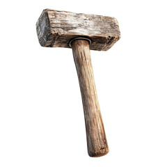 Old Wooden Mallet Isolated on White Background Vintage Rustic Hammer Woodworking Tool Carpentry Equipment Construction and Repair Antique Hand Tool with Weathered Texture and Cracked Surface Symbol