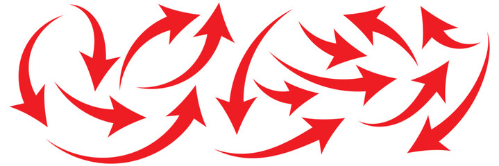 Set of curved arrows isolated on white background. Curved arrows, hand drawn curved arrows. Set long blue curve arrow icon vector . Red curve arrow icon set. long arrow icon set. curve arrow vector.