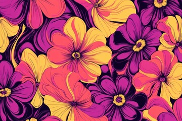 Obraz premium Vibrant abstract floral pattern with swirling pink, purple, and yellow flowers on a dark background.
