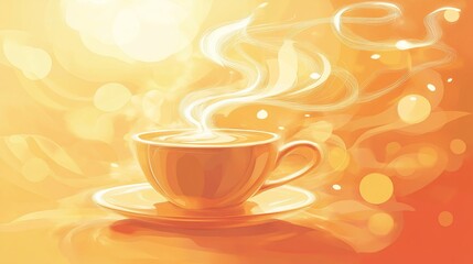 Warm, steaming cup of tea on a sunny background.