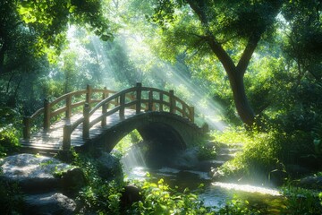 Enchanting wooden bridge crossing a tranquil stream in a lush green forest capturing serene nature in dappled sunlight