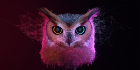 Fototapeta premium A close up of an owl with its eyes open and staring at the camera. The owl is surrounded by a colorful, pixelated background, giving it a futuristic and otherworldly appearance