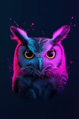 A colorful owl with a yellow beak and eyes staring at the camera. The owl is surrounded by splatters of paint, giving it a wild and artistic appearance