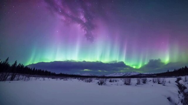 aurora borealis green & violet dance on the night sky under white winter empty wonderland; astonishing skyscape with nothern lights  colours