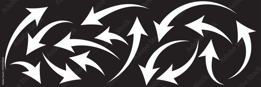 Poster set of curved arrows isolated on white background. curved arrows, hand drawn curved arrows. collecti