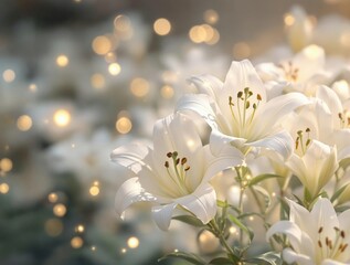 Fototapeta premium Beautiful white lilies blooming with blurry lights shining in the background, decorative, botany, pastel, serene