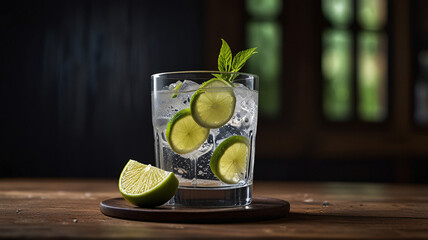 Artisanal Gin and Tonic with Lime and Mint on Rustic Wooden Coaster