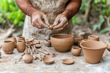 Craftsman shaping clay pots with hands in a natural setting, showcasing traditional pottery techniques.