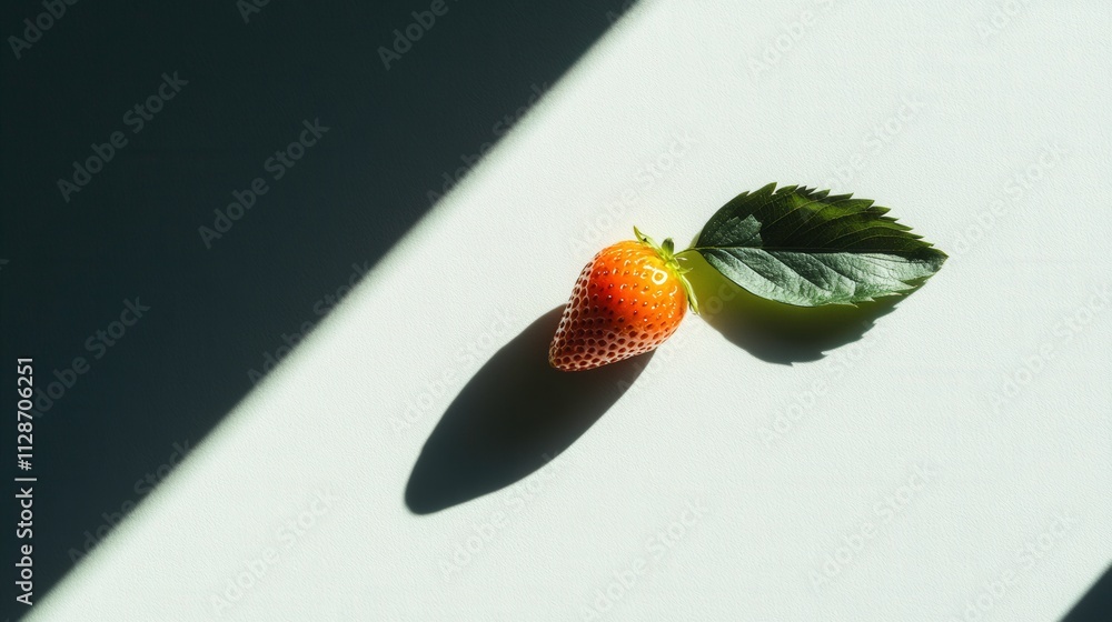 Aufkleber fresh red strawberry with leaf on light surface creating bold contrast and beautiful shadows in natu