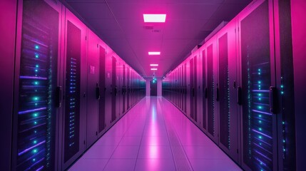 Fototapeta premium Server room with vibrant lighting showcasing rows of data storage equipment