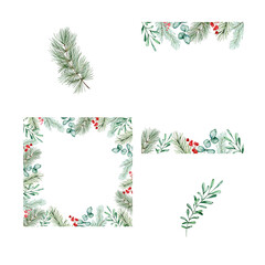 Christmas frames set with watercolor winter greenery floral