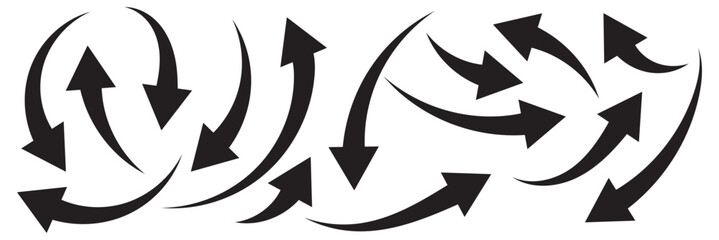 Set of curved arrows isolated on white background. Curved arrows, hand drawn curved arrows. Collection of pointers. Vector illustration.