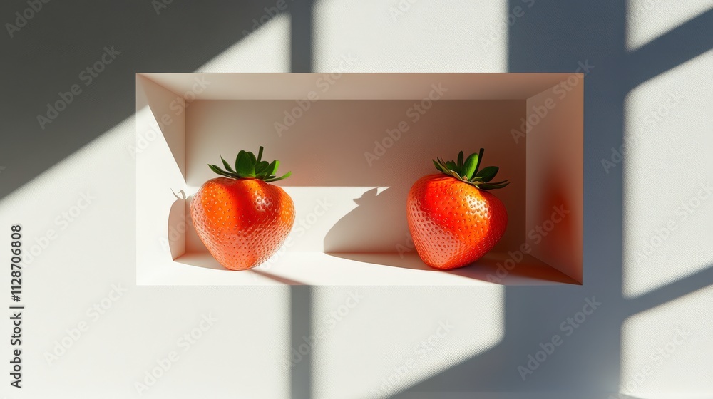 Poster fresh ripe strawberries displayed in minimalistic box with soft shadows, creating a beautiful contra