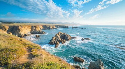 A scenic coastal landscape with rocky cliffs and a vast blue ocean under a clear sky.