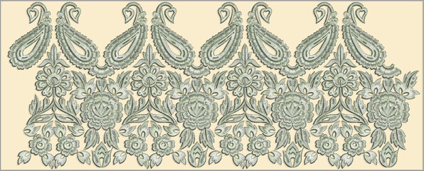 Indian Paisley Embraided decoration Illustration on black, manual artwork for Textile Branding