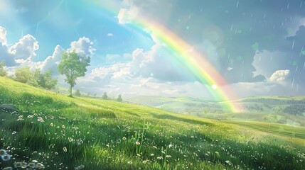Obraz premium A colorful digital illustration of a rainbow over a grassy field with a single tree.