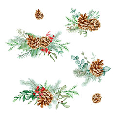 Fototapeta premium Bouquet s set of watercolor winter greenery floral, leaves and brunches
