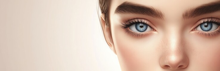 Obraz premium Close-up of a beautiful woman with well-groomed eyebrows, eyes, and eyelashes, looking at the camera against a light blue background.