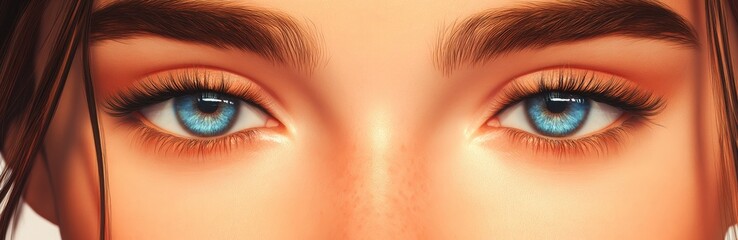 Obraz premium Close-up of a beautiful woman with well-groomed eyebrows, eyes, and eyelashes, looking at the camera against a light blue background.
