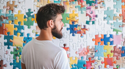 Man stands facing a colorful jigsaw puzzle wall, representing the complexities of business. Solving tasks and problem in putting all the pieces together concept