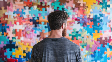 Solving tasks and problem in putting all the pieces together concept. Man stands facing a colorful jigsaw puzzle wall, representing the complexities of business