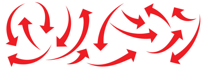 Red arrows set. Curved arrows. Arrow sign. Set of curved arrows isolated on white background. Curved arrows, hand drawn curved arrows. Collection of pointers. Vector illustration