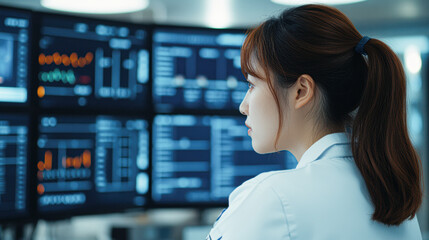 A woman is looking at a computer monitor with a lot of numbers and graphs on it