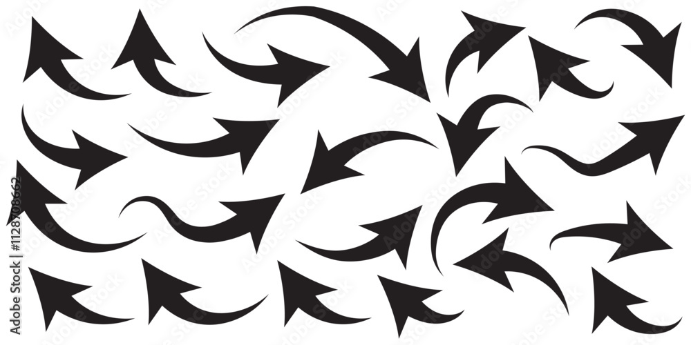 Poster set of curved arrows isolated on white background. curved arrows, hand drawn curved arrows. collecti