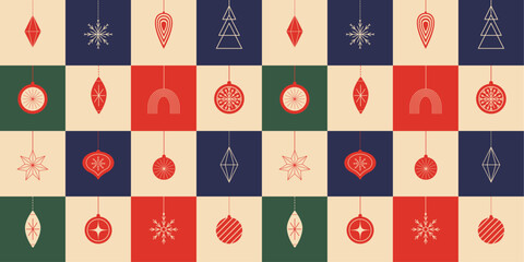 Colourful Christmas Seamless Pattern with Christmas Tree Balls Toys in Geometric Minimalistic Style. Vector