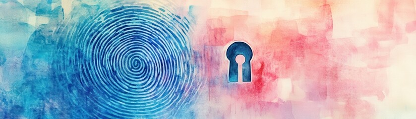 A colorful abstract design featuring spirals and a keyhole symbol.