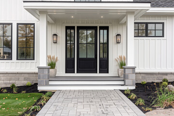 A front door detail of a white modern farmhouse with a black front door, black light fixtures, and a covered porch with white pillars.