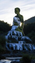 Obraz premium A human figure composed of cascading waterfalls, insight, creativity, transformation, nature as inspiration