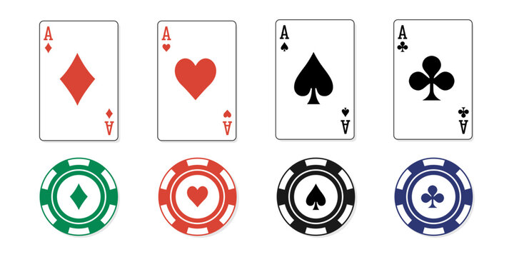 casino poker cards and chips. Card aces. aces of all four suits, diamonds, spades, hearts, clubs