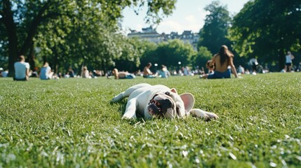 Playful english bulldog rolling over on soft grass at the park fun playtime with friends in a lively outdoor setting