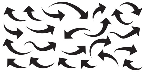 Set of curved arrows isolated on white background. Curved arrows, hand drawn curved arrows. Collection of pointers. Vector illustration. long curve arrow icon vector set illustration. black arrow.