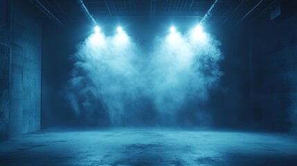 Fototapeta premium Spotlight's Dance A mesmerizing abstract light display in an empty night club, with a dark blue backdrop, illuminated stage, and bright beams of light cutting through the smoke-filled room. 8k
