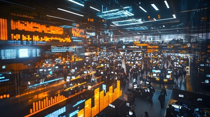 A bustling cryptocurrency exchange floor with holographic graphs and traders in a futuristic setting.